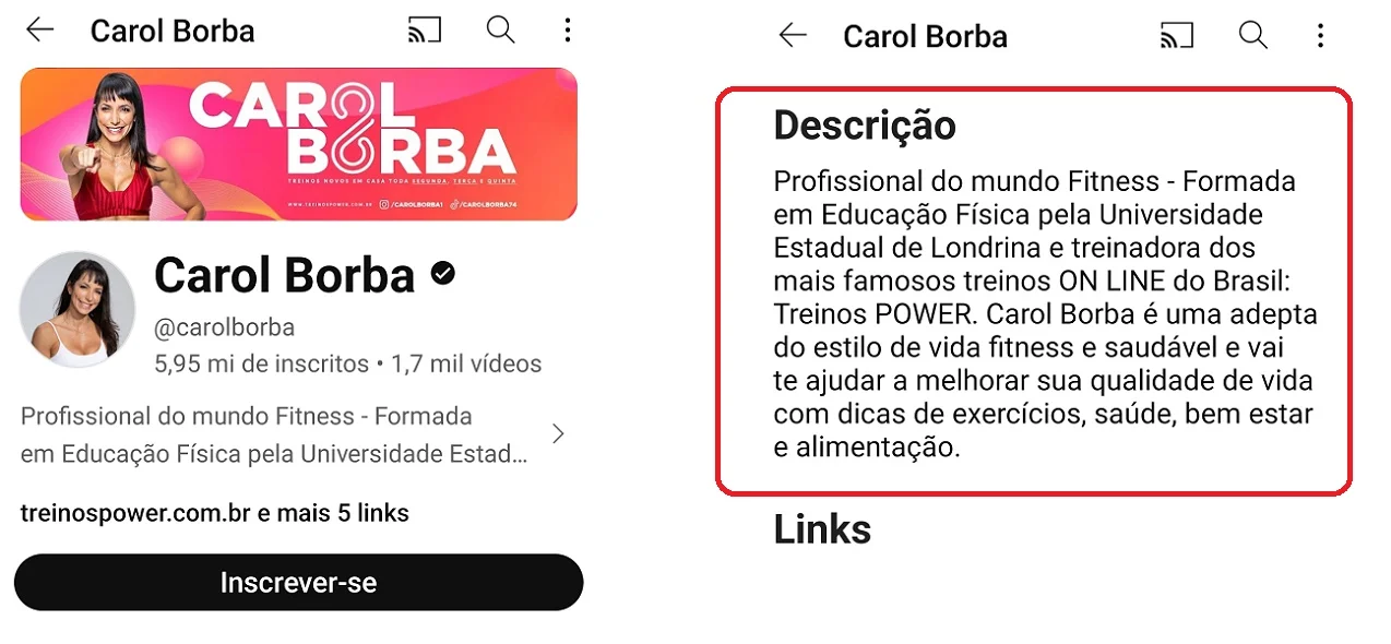 print com dica de descrição para canal do YouTube