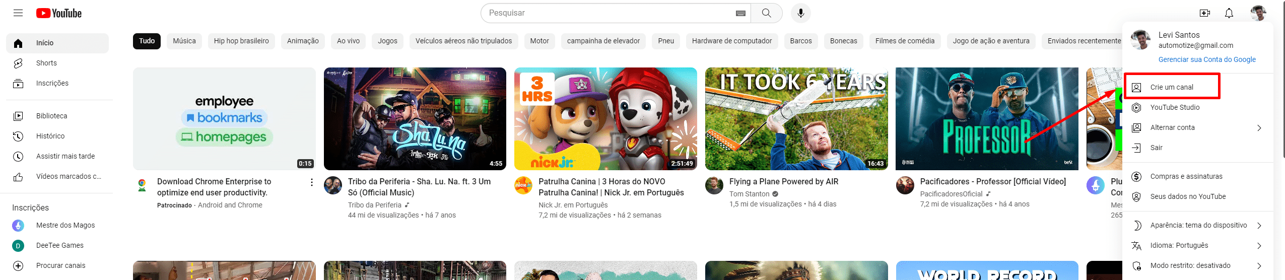Print de tela mostrando onde a pessoa deve clicar para conseguir criar o canal no Youtube